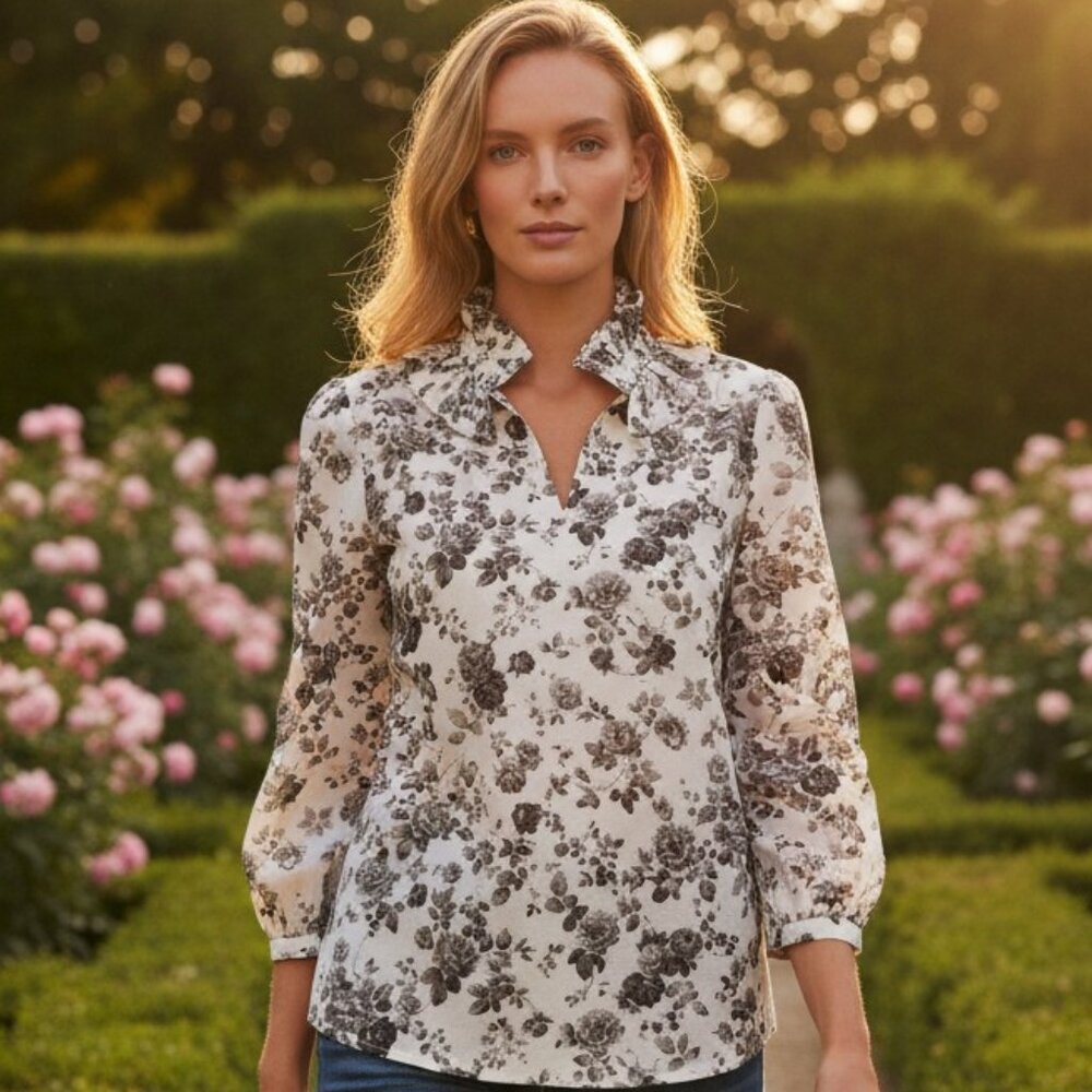 Tuckernuck Faded Roses Bouvier Blouse Ruffle Neck Floral Top NWT XL